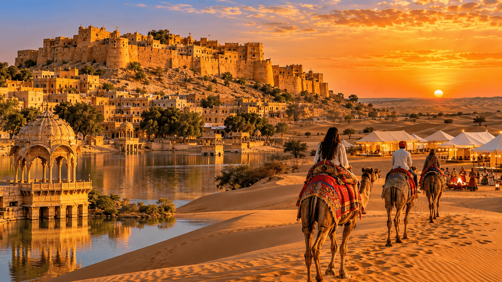 Jaisalmer fort, sand dunes and a desert camp at sunset